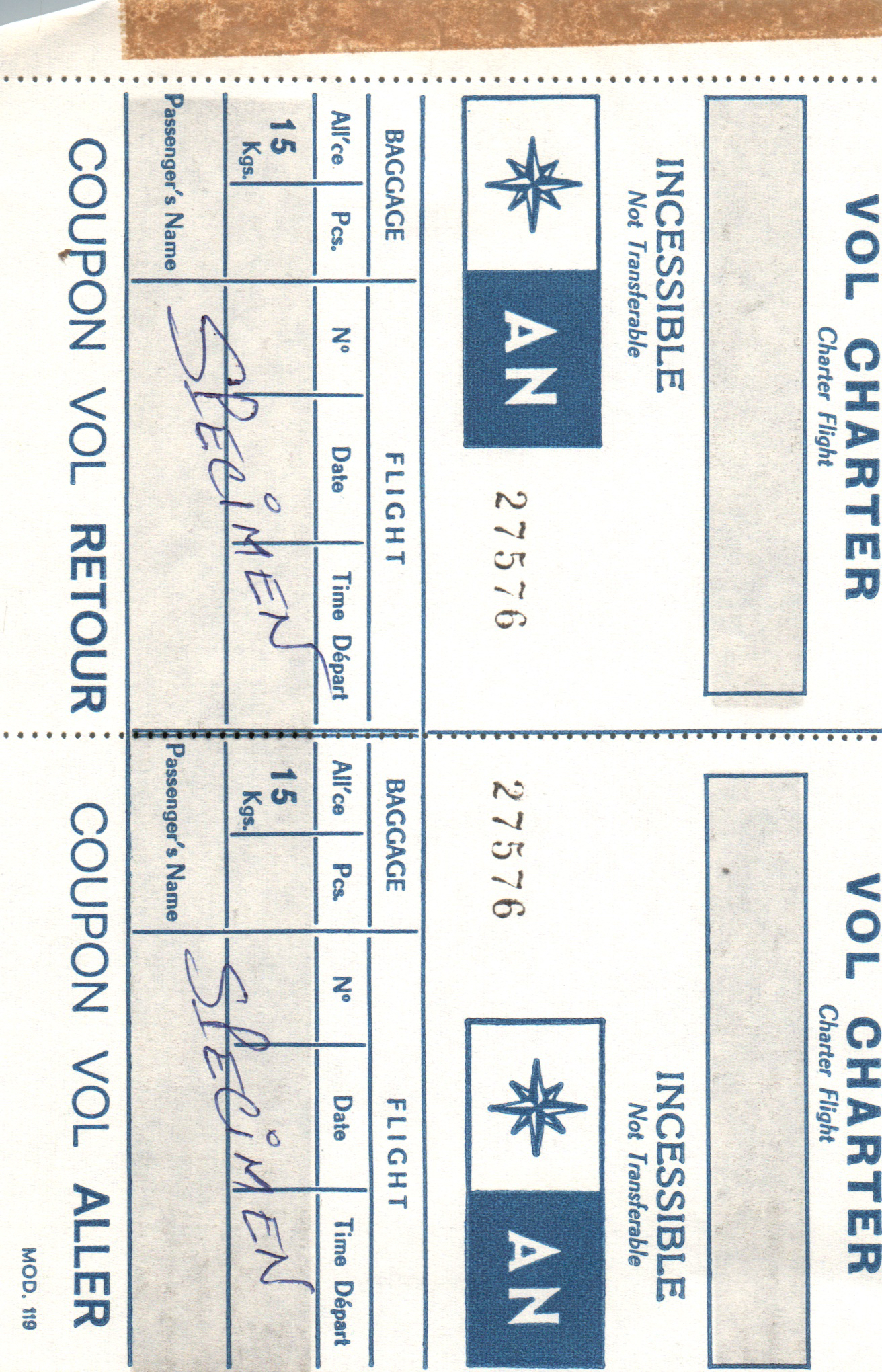 [RARE] Billet / Coupon de Vol Charter Vintage — Mention "SPECIMEN" — Collection Aviation